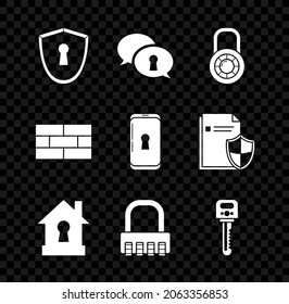 Set Shield with keyhole, Protection of personal data, Safe combination lock wheel, House under protection, Key, Bricks and Smartphone icon. Vector
