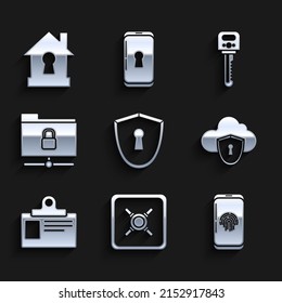 Ajuste Escudo con teclado, Safe, escáner de huellas digitales de Smartphone, nube y escudo, insignia de identificación, bloqueo de carpetas FTP, clave y casa bajo icono de protección. Vector