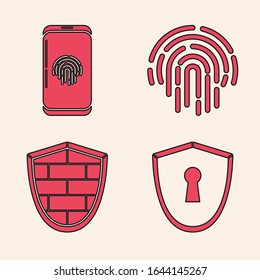 Set Shield con teclado , Smartphone con escáner de huellas digitales , Huella digital y Escudo con icono de pared de ladrillo ciberseguridad. Vector