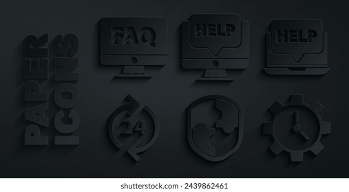 Set Shield, Laptop and help, Telephone 24 hours support, Time Management, Computer monitor and FAQ icon. Vector