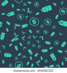 Set Shield with leaf, Battery, Plant in hand and Battery on seamless pattern. Vector
