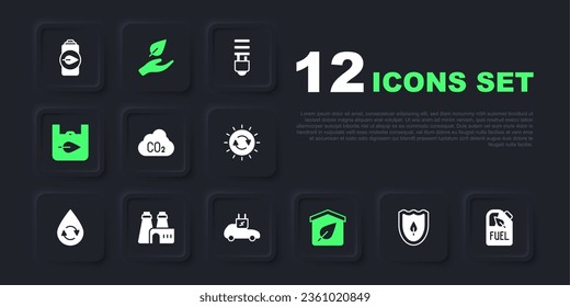 Set Shield with leaf, Bio fuel canister, CO2 emissions in cloud, Eco friendly house, Shopping bag recycle, Factory production, Leaf hand and Electric car icon. Vector