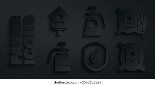 Set Shield with leaf, Corn in the sack, Garden sprayer for fertilizer, Pack full of seeds of plant,  and Bird house icon. Vector