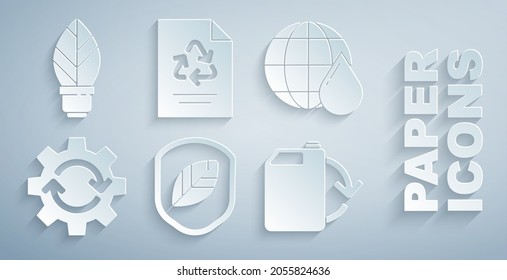Set Shield with leaf, Earth planet in water drop, Gear and arrows as workflow, Eco fuel canister, Paper recycle and Light bulb icon. Vector