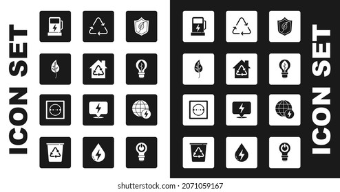 Colocar el escudo con hojas, reciclar la casa ecológica, hojas o hojas, cargador eléctrico de coches, bombilla, símbolo de reciclaje, planeta de energía global e icono de salida eléctrica. Vector