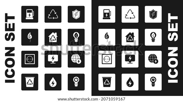 Set Shield with\
leaf, Eco House recycling, Leaf or leaves, Electric car charging\
station, Light bulb, Recycle symbol, Global energy power planet and\
Electrical outlet icon.\
Vector
