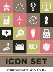 Set Schild mit Blatt, Papiertüten-Recycling, Glühbirne, Windturbine, Elektroauto-Ladestation, Turm und Batterie-Symbol. Vektorgrafik