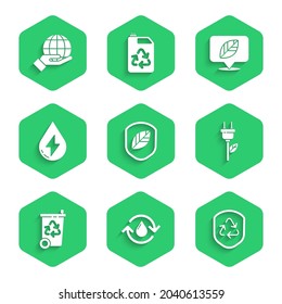 Set Shield with leaf, Recycle clean aqua, symbol inside shield, Electric saving plug, bin recycle, Water energy, Location and Hand holding Earth globe icon. Vector