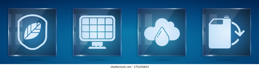 Set Shield with leaf, Solar energy panel, Cloud with rain and Eco fuel canister. Square glass panels. Vector