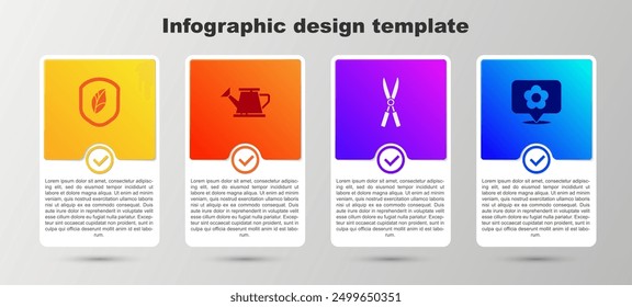 Conjunto Escudo con hoja, regadera, tijeras hechas a mano de jardinería y flor de Locación. Plantilla de infografía de negocios. Vector