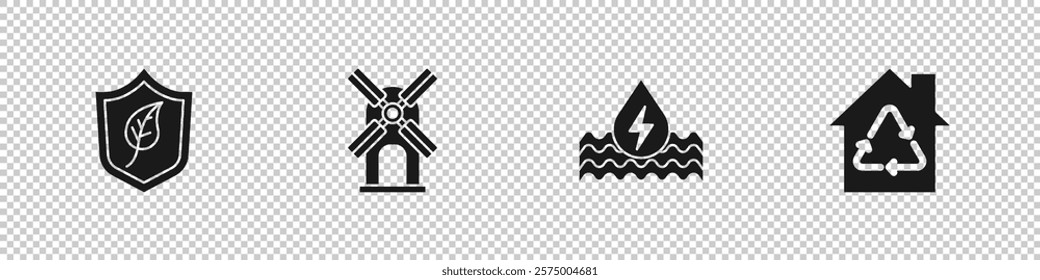 Set Shield with leaf, Wind turbine, Water energy and Eco House recycling icon. Vector