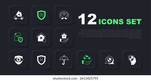 Set Shield, Life insurance with shield, House flood, Car, Contract, Briefcase and Umbrella icon. Vector
