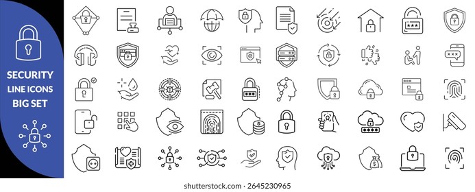 Set of shield line icons. Protection, security, defense, guard etc. Editable stroke Big icon set. 