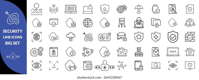 Set of shield line icons. Protection, security, defense, guard etc. Editable stroke Big icon set. 
