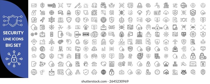 Set of shield line icons. Protection, security, defense, guard etc. Editable stroke Big icon set. 