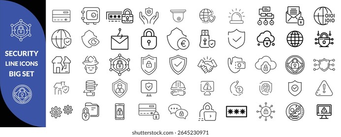 Set of shield line icons. Protection, security, defense, guard etc. Editable stroke Big icon set. 