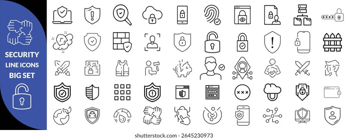 Set of shield line icons. Protection, security, defense, guard etc. Editable stroke Big icon set. 