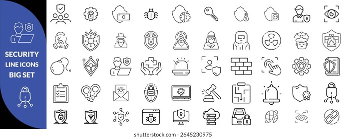 Set of shield line icons. Protection, security, defense, guard etc. Editable stroke Big icon set. 