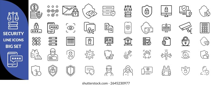 Set of shield line icons. Protection, security, defense, guard etc. Editable stroke Big icon set. 