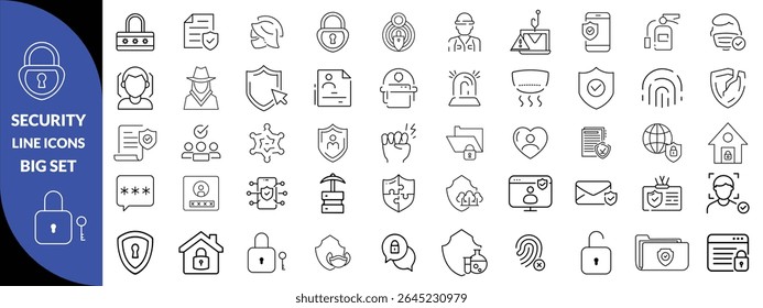 Set of shield line icons. Protection, security, defense, guard etc. Editable stroke Big icon set. 