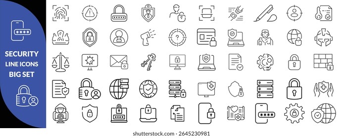 Set of shield line icons. Protection, security, defense, guard etc. Editable stroke Big icon set. 
