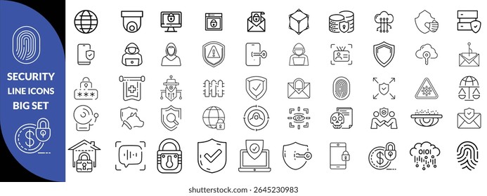 Set of shield line icons. Protection, security, defense, guard etc. Editable stroke Big icon set. 