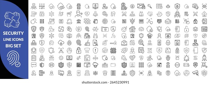 Set of shield line icons. Protection, security, defense, guard etc. Editable stroke Big icon set. 