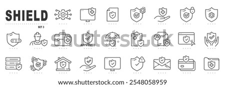 Set of shield line icons. Protection, security, defense, guard etc. Editable stroke. Set 3