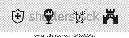 Set Shield, Location king crown, Medieval shield with swords and Castle, fortress icon. Vector