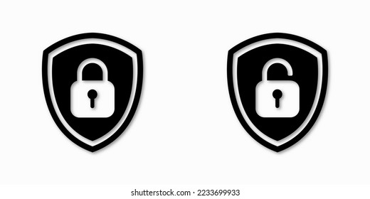 Set of Shield Lock and Unlock Icon. Symbol padlock. Vector sign Illustration.