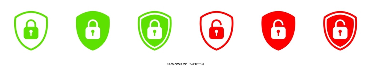 Set of Shield Lock and Unlock Icon. Symbol padlock. Vector sign Illustration.
