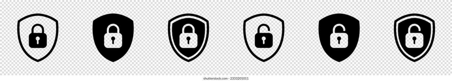 Conjunto de icono Escudo Bloquear y Desbloquear. Candado de símbolos. Señal del vector Ilustración.