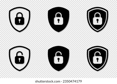 Conjunto de icono Escudo Bloquear y Desbloquear. Candado de símbolos. Señal del vector Ilustración.