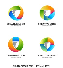 Set Shield Logo, Shield And Circle, Combination Logo With 3d Colorful Style