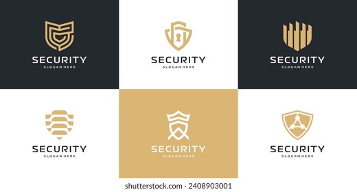 Set of Shield logo design. Golden logo for security, protection, safety vector illustration
