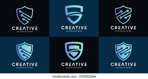 Set of shield logo with gradient tech style. Logo template with creative concept. Premium Vector