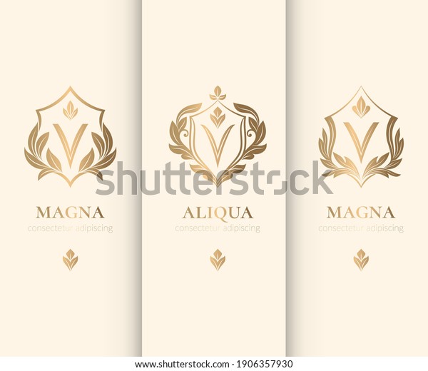 Set of shield\
logos. Can be used for jewelry, beauty and fashion industry. Great\
for emblem, monogram, invitation, flyer, menu, brochure,\
background, or any desired\
idea.