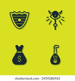Set Shield, Lute, Old money bag and Magic staff icon. Vector