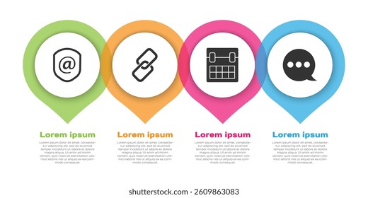 Set Shield with mail and e-mail, Chain link, Calendar and Speech bubble chat. Business infographic template. Vector