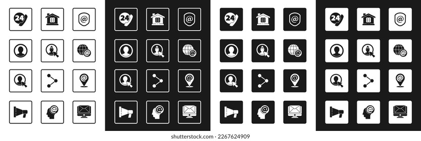 Set Shield with mail and e-mail, Create account screen, Telephone 24 hours support, Earth globe, House, Location and  icon. Vector