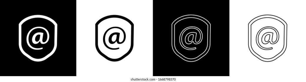 Set Shield with mail and e-mail icon isolated on black and white background. Guard sign. Security, safety, protection, privacy concept.  Vector Illustration