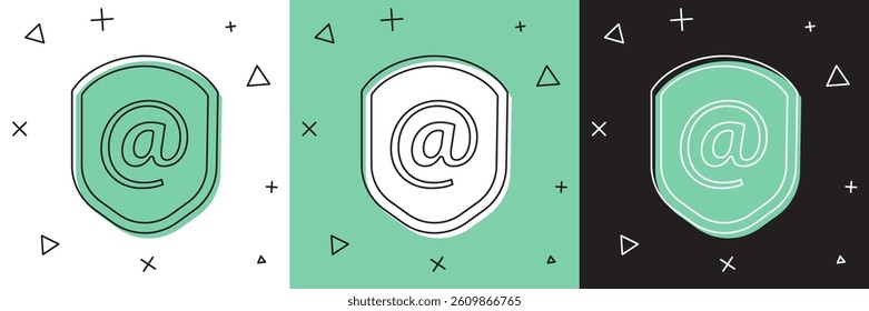 Set Shield with mail and e-mail icon isolated on white and green, black background. Guard sign. Security, safety, protection, privacy concept.  Vector Illustration