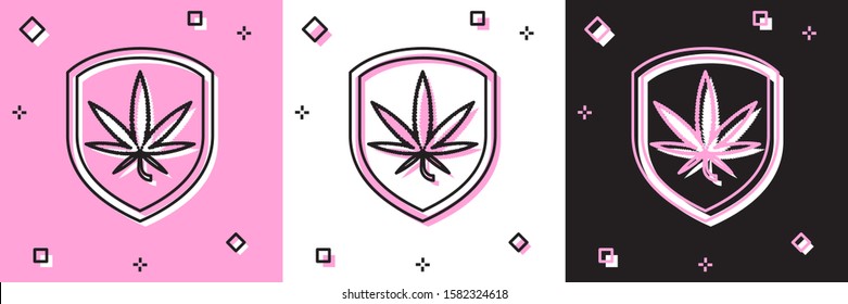 Set Shield and marijuana or cannabis leaf icon isolated on pink and white, black background. Marijuana legalization. Hemp symbol.  Vector Illustration