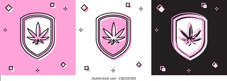 Set Shield and marijuana or cannabis leaf icon isolated on pink and white, black background. Marijuana legalization. Hemp symbol.  Vector Illustration