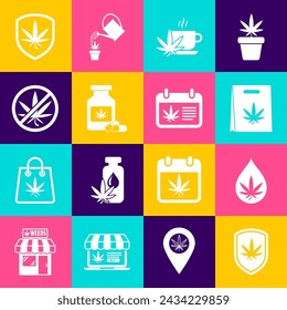 Set Schild und Marihuana, Marihuana oder Cannabisblattöl, Einkaufstasche, Tasse Tee mit, Medizinflasche, Stopp und Kalender-Symbol. Vektor