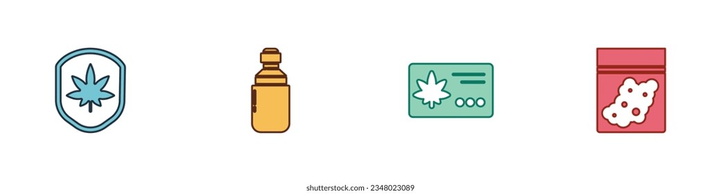 Separar las hojas de la marihuana, la marihuana o el aceite de oliva de cannabis, el calendario y la bolsa de plástico del icono. Vector
