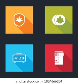 Set Shield and marijuana leaf, Herbal ecstasy tablets, Digital alarm clock and Medical bottle with cannabis icon. Vector.