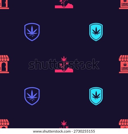 Set Shield and marijuana, , Planting and Marijuana cannabis store on seamless pattern. Vector