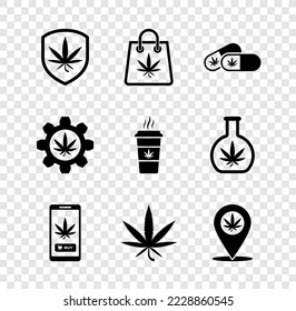 Set Shield and marijuana, Shopping bag of, Medical pills with, Online buying, Marijuana or cannabis leaf, Location, Test tube and Cup coffee icon. Vector