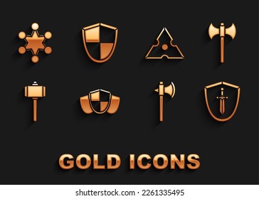 Set Shield, Medieval axe, shield with sword, Battle hammer, Japanese ninja shuriken, Police badge and  icon. Vector